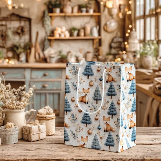 Cute Whimsical Winter Woodland Fox and Christmas ミディアムペーパーバッグ