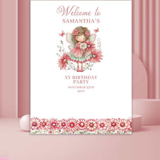 Cute Whimsy Fairy Floral Pink 2 Birthday Backdrop タペストリー