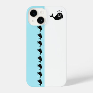 Cute White and Blue Custom Initial Black Whale iPhone 14ケース