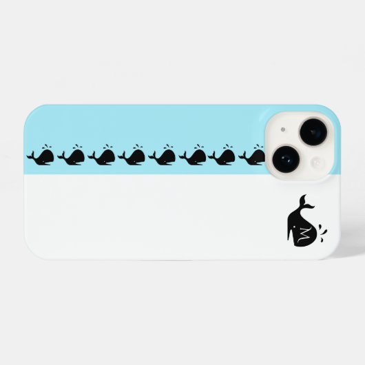 Cute White and Blue Custom Initial Black Whale iPhoneケース (裏面横)
