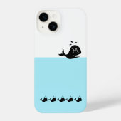 Cute White and Blue Custom Initial Black Whale iPhoneケース (裏面)