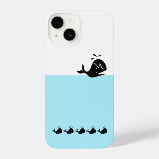Cute White and Blue Custom Initial Black Whale iPhoneケース (裏面)
