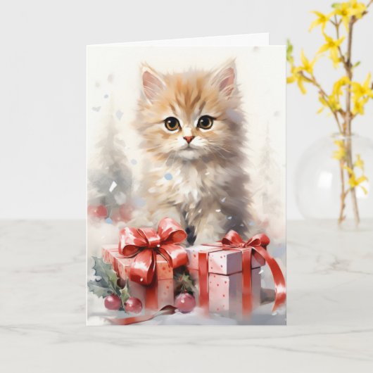 Cute White and Orange Kitten Christmas Greeting カード (黄色い花)