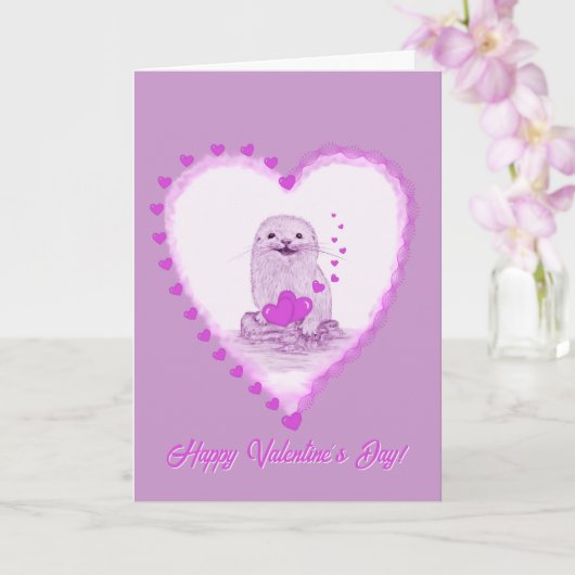 Cute White Baby Sea Otter , Happy Valentines Day カード (蘭)