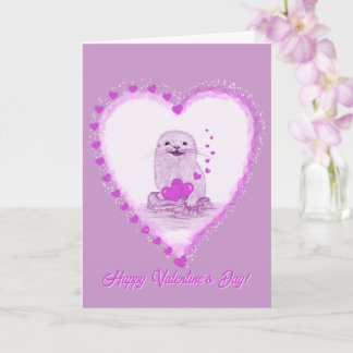 Cute White Baby Sea Otter , Happy Valentines Day カード