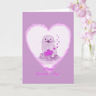 Cute White Baby Sea Otter , Happy Valentines Day カード