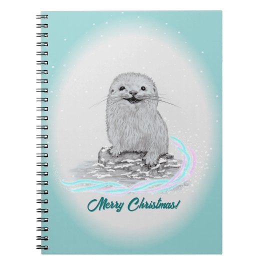 Cute White Baby Sea Otter , Merry Christmas ノートブック (正面)