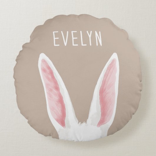 Cute White Bunny Ears On Beige With Kid's Name ラウンドクッション (正面)