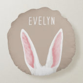 Cute White Bunny Ears On Beige With Kid's Name ラウンドクッション (裏面)