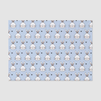 Cute White Bunny Faces and Hearts Pattern Blue 薄葉紙