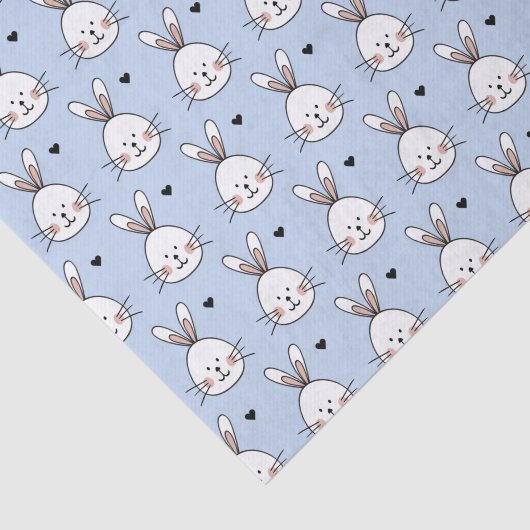 Cute White Bunny Faces and Hearts Pattern Blue 薄葉紙 (詳細)