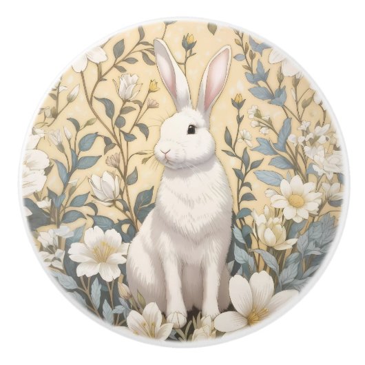 Cute White Bunny Pastel Yellow Floral  セラミックノブ (正面)