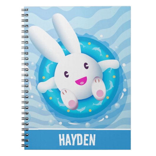 Cute White Bunny Pool Party Personalised ノートブック (正面)