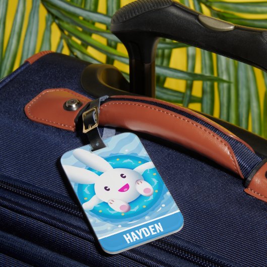 Cute White Bunny Pool Party Personalised ラゲッジタグ (正面インサイチュ1)