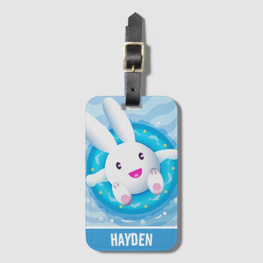 Cute White Bunny Pool Party Personalised ラゲッジタグ (正面縦)