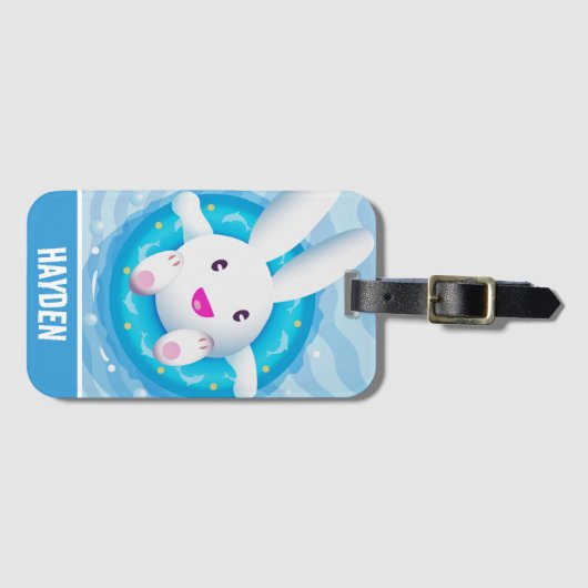Cute White Bunny Pool Party Personalised ラゲッジタグ (正面横)