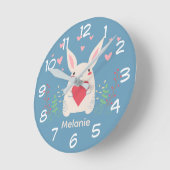 Cute White Bunny With Heart Personalised ラウンド壁時計 (傾斜)