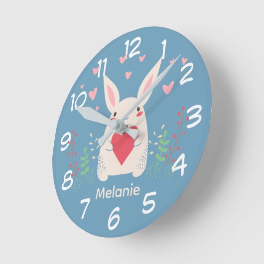 Cute White Bunny With Heart Personalised ラウンド壁時計 (傾斜)