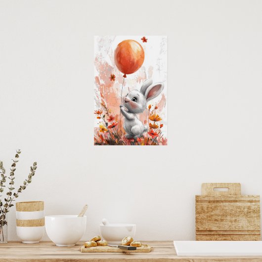 Cute White Bunny with Orange Balloon Digital Illus ポスター (キッチン)