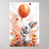 Cute White Bunny with Orange Balloon Digital Illus ポスター (正面)