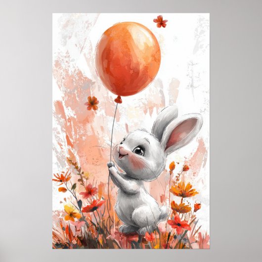 Cute White Bunny with Orange Balloon Digital Illus ポスター (正面)