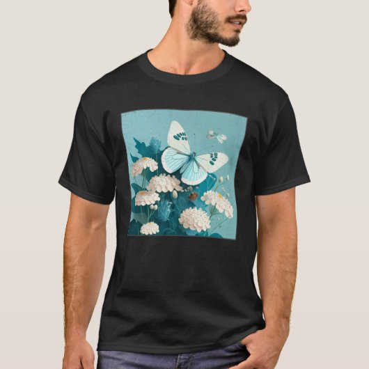 Cute White Butterfly Illustration Flowers Minimal Tシャツ (正面)