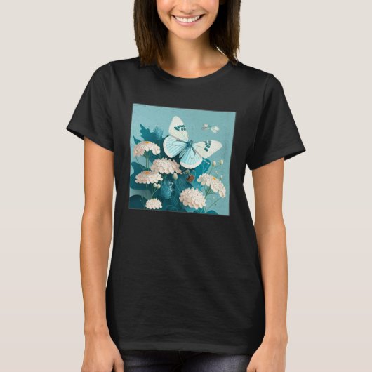 Cute White Butterfly Illustration Flowers Minimal  Tシャツ (正面)