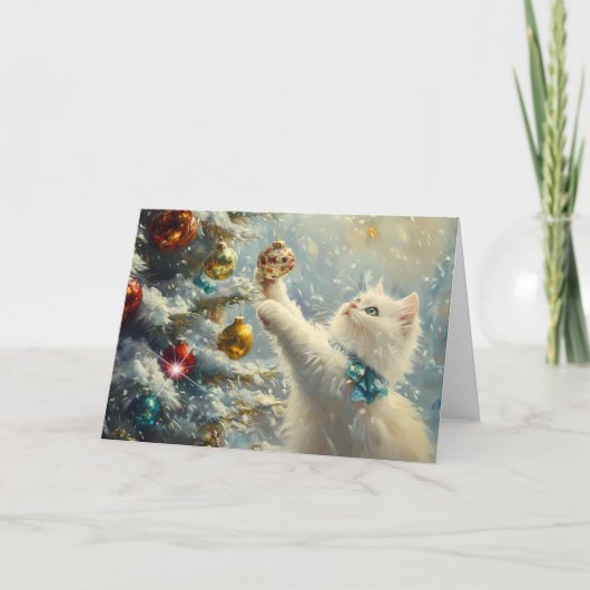 Cute White Cat and Christmas Tree シーズンカード (正面)