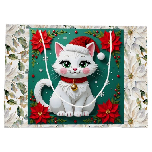 Cute White Cat and Poinsettia Christmas ラージペーパーバッグ (裏面)
