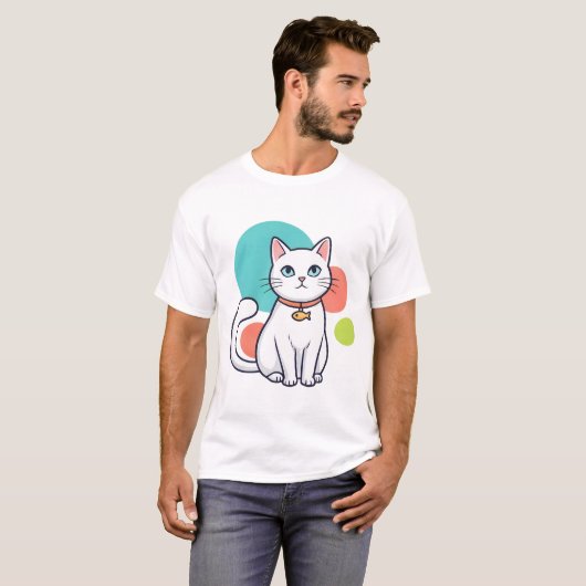 Cute White Cat Fish Collar Tシャツ (正面フル)
