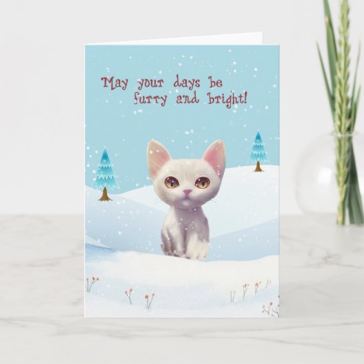 Cute White Cat in Snow Christmas Card シーズンカード (正面)