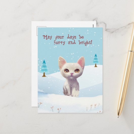 Cute White Cat in Snow Christmas Postcard シーズンポストカード (正面/裏面インサイチュ)