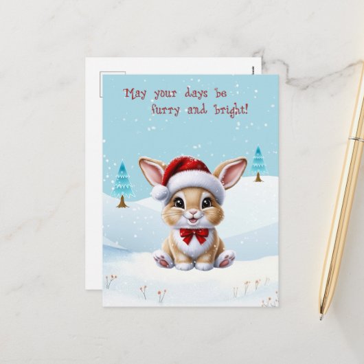 Cute White Cat in Snow Christmas Postcard シーズンポストカード (正面/裏面インサイチュ)