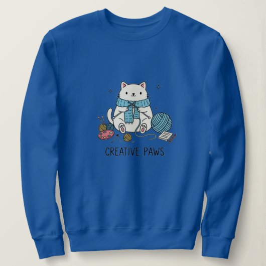 Cute White Cat Knitting Blue Yarn Cozy Design スウェットシャツ (デザイン正面)