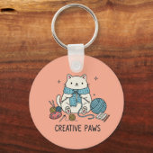 Cute White Cat Knitting with Blue Yarn Coral Art キーホルダー (正面)