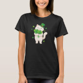 Cute White Cat Leprechaun Hat Shamrock Art Tシャツ (正面)