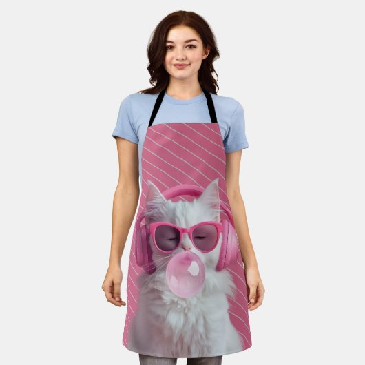  Cute  White Cat  – Personalized エプロン (着用した状態)