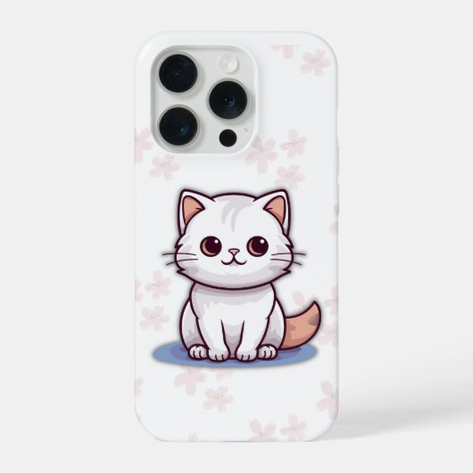 Cute White Cat Phone Case – Pink Floral Design iPhoneケース (裏面)