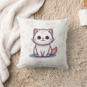 Cute White Cat Pillow – Pink Floral Design クッション (ブランケット)