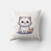 Cute White Cat Pillow – Pink Floral Design クッション (裏面)