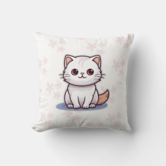 Cute White Cat Pillow – Pink Floral Design クッション