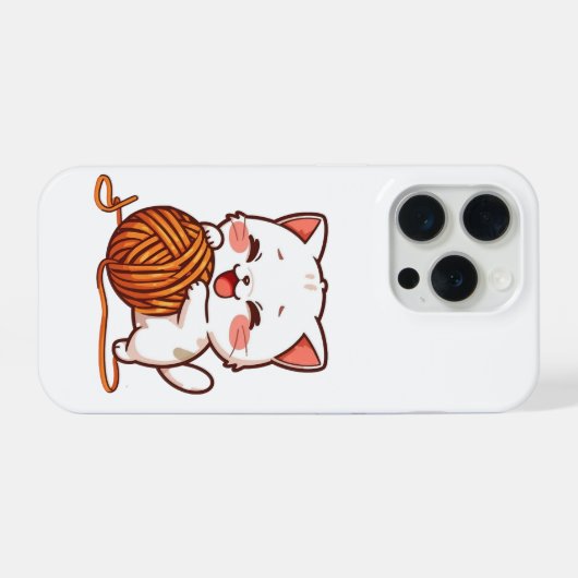 Cute White Cat Playing with Woolen Ball Cover iPhoneケース (裏面横)