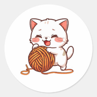 Cute White Cat Playing with Woolen Ball sticker ラウンドシール