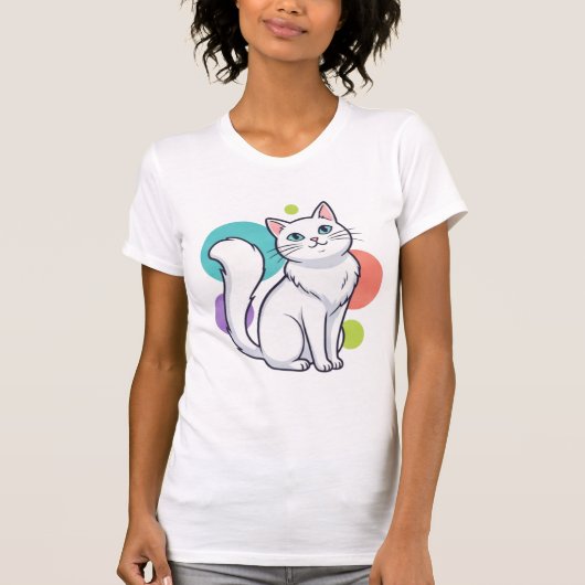 Cute White Cat Sitting Graphic Tee Tシャツ (正面)
