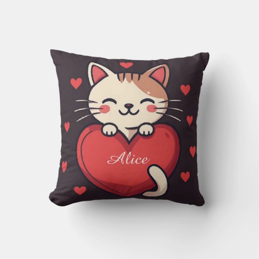 Cute White Cat with Heart Kawaii Kitty Love Design クッション (正面)