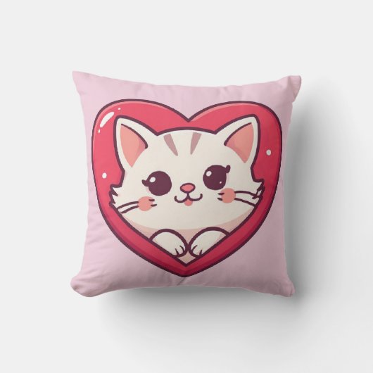 Cute White Cat with Heart Kawaii Kitty Love Design クッション (正面)
