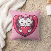 Cute White Cat with Heart Kawaii Kitty Love Design クッション (ブランケット)