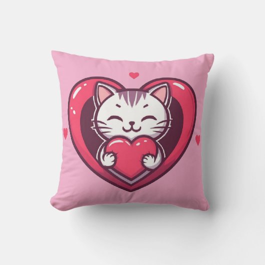 Cute White Cat with Heart Kawaii Kitty Love Design クッション (正面)