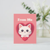 Cute White Cat with Heart Kawaii Kitty Love Design ポストカード (スタンド正面)