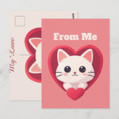 Cute White Cat with Heart Kawaii Kitty Love Design ポストカード (正面/裏面)